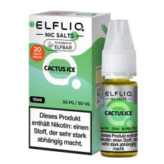 Elfbar Elfliq Nic Salt Liquid Cactus Ice. Grün gemusterte Packung mit großer Elfliq Aufschrift und PET-Flasche.