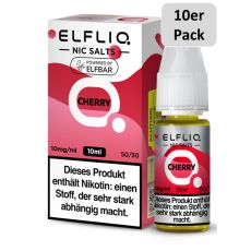 Elfbar Elfliq Nic Salt Liquid Cherry. Rot-rosa gemusterte Packung mit großer Elfliq Aufschrift und 10er Pack Bottom.