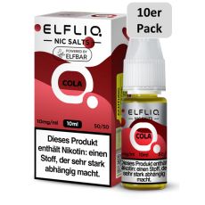 Elfbar Elfliq Nic Salt Liquid Cola. Braun-Rosa gemusterte Packung mit großer Elfliq Aufschrift und 10er Pack Bottom.