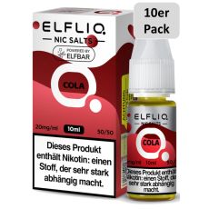 Elfbar Elfliq Nic Salt Liquid Cola. Braun-Rosa gemusterte Packung mit großer Elfliq Aufschrift und 10er Pack Bottom.