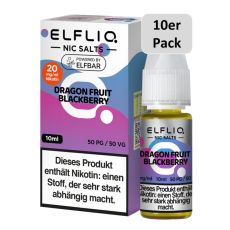 Elfbar Elfliq Nic Salt Liquid Dragon Fruit Blackberry. Blau-lila gemusterte Packung mit großer Elfliq Aufschrift und 10er Pack Bottom.