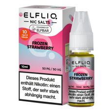 Elfbar Elfliq Nic Salt Liquid Frozen Strawberry. Pink-hellblau gemusterte Packung mit großer Elfliq Aufschrift und PET-Flasche.