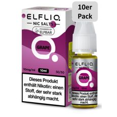 Elfbar Elfliq Nic Salt Liquid Grape. Lila gemusterte Packung mit großer Elfliq Aufschrift und 10er Pack Bottom.