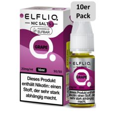 Elfbar Elfliq Nic Salt Liquid Grape. Lila gemusterte Packung mit großer Elfliq Aufschrift und 10er Pack Bottom.