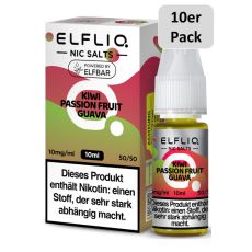 Elfbar Elfliq Nic Salt Liquid Kiwi Passion Fruit Guava. Rot-hellgrün gemusterte Packung mit großer Elfliq Aufschrift und 10er Pack Bottom.
