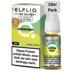 Elfbar Elfliq Nic Salt Liquid Lemon Mint. Hellgrün-grün gemusterte Packung mit großer Elfliq Aufschrift und 10er Pack Bottom.