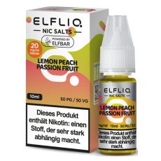 Elfbar Elfliq Nic Salt Liquid Lemon Peach Passion Fruit. Grün-orange gemusterte Packung mit großer Elfliq Aufschrift und PET-Flasche.