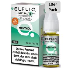 Elfbar Elfliq Nic Salt Liquid Menthol. Weiß-mintgrüne gemusterte Packung mit großer Elfliq Aufschrift und 10er Pack Bottom.