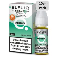 Elfbar Elfliq Nic Salt Liquid Menthol. Weiß-mintgrüne gemusterte Packung mit großer Elfliq Aufschrift und 10er Pack Bottom.