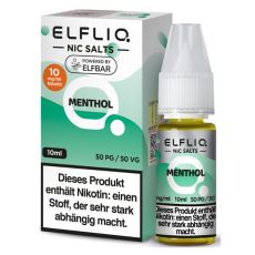Elfbar Elfliq Nic Salt Liquid Menthol. Weiß-mintgrüne gemusterte Packung mit großer Elfliq Aufschrift und PET-Flasche.
