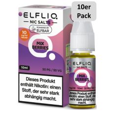 Elfbar Elfliq Nic Salt Liquid Mix Berries. Lila-rosa gemusterte Packung mit großer Elfliq Aufschrift und 10er Pack Bottom.