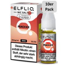 Elfbar Elfliq Nic Salt Liquid Peach Ice. Pfirsichfarbend gemusterte Packung mit großer Elfliq Aufschrift und 10er Pack Bottom.