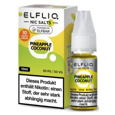 Elfbar Elfliq Nic Salt Liquid Pineapple Coconut. Hellgrün-grün gemusterte Packung mit großer Elfliq Aufschrift und PET-Flasche.