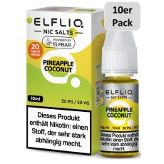 Elfbar Elfliq Nic Salt Liquid Pineapple Coconut. Hellgrün-grün gemusterte Packung mit PET-Flasche und 10er Pack Bottom.