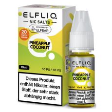 Elfbar Elfliq Nic Salt Liquid Pineapple Coconut. Hellgrün-grün gemusterte Packung mit großer Elfliq Aufschrift und PET-Flasche.