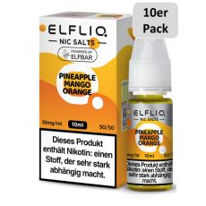 Elfbar Elfliq Nic Salt Liquid Pineapple Mango Orange. Gelb-orange gemusterte Packung mit großer Elfliq Aufschrift und 10er Pack Bottom.