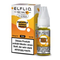 Elfbar Elfliq Nic Salt Liquid Pineapple Mango Orange. Gelb-orange gemusterte Packung mit großer Elfliq Aufschrift und PET-Flasche.