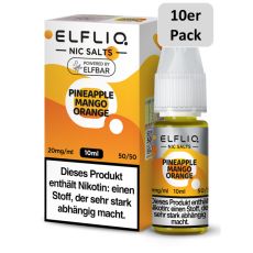 Elfbar Elfliq Nic Salt Liquid Pineapple Mango Orange. Gelb-orange gemusterte Packung mit großer Elfliq Aufschrift und 10er Pack Bottom.