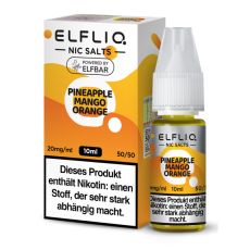 Elfbar Elfliq Nic Salt Liquid Pineapple Mango Orange. Gelb-orange gemusterte Packung mit großer Elfliq Aufschrift und PET-Flasche.