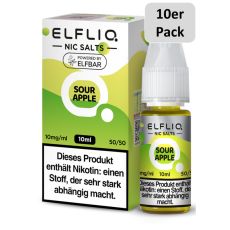 Elfbar Elfliq Nic Salt Liquid Sour Apple. Hellgrün gemusterte Packung mit großer Elfliq Aufschrift und 10er Pack Bottom.