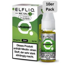 Elfbar Elfliq Nic Salt Liquid Spearmint. Grün gemusterte Packung mit großer Elfliq Aufschrift und 10er Pack Bottom.