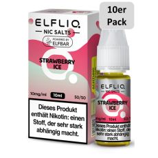 Elfbar Elfliq Nic Salt Liquid Strawberry Ice. Rosa-mintgrüne gemusterte Packung mit großer Elfliq Aufschrift und 10er Pack Bottom.
