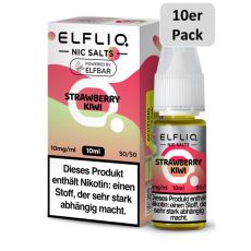 Elfbar Elfliq Nic Salt Liquid Strawberry Kiwi. Rosa-hellgrüne gemusterte Packung mit großer Elfliq Aufschrift und 10er Pack Bottom.