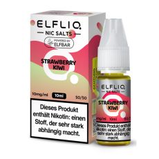 Elfbar Elfliq Nic Salt Liquid Strawberry Kiwi. Rosa-hellgrüne gemusterte Packung mit großer Elfliq Aufschrift und PET-Flasche.