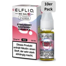 Elfbar Elfliq Nic Salt Liquid Strawberry Raspberry Cherry Ice. Rosa-helllila gemusterte Packung mit großer Elfliq Aufschrift und 10er Pack Bottom.