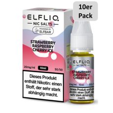 Elfbar Elfliq Nic Salt Liquid Strawberry Raspberry Cherry Ice. Rosa-helllila gemusterte Packung mit großer Elfliq Aufschrift und 10er Pack Bottom.