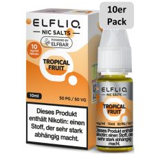Elfbar Elfliq Nic Salt Liquid Tropical Fruit. Weiß-orange gemusterte Packung mit großer Elfliq Aufschrift und 10er Pack Bottom.