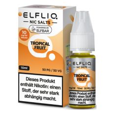 Elfbar Elfliq Nic Salt Liquid Tropical Fruit. Weiß-orange gemusterte Packung mit großer Elfliq Aufschrift und PET-Flasche.