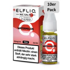 Elfbar Elfliq Nic Salt Liquid Watermelon. Rot-rosa gemusterte Packung mit großer Elfliq Aufschrift und 10er Pack Bottom.