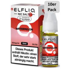 Elfbar Elfliq Nic Salt Liquid Watermelon. Rot-rosa gemusterte Packung mit großer Elfliq Aufschrift und 10er Pack Bottom.
