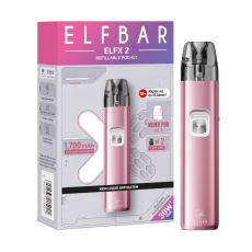 Elfbar E-Zigarette Elfa Elfx 2 Berry Pink. Rosa Gerät in Pen-Optik mit grau-lila Verpackung.