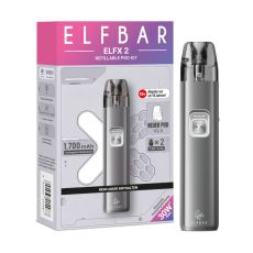 Elfbar E-Zigarette Elfa Elfx 2 Space Grey. Graues Gerät in Pen-Optik mit grau-lila Verpackung.