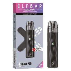 Elfbar E-Zigarette Elfx Mini Black. Schwarzes Gerät in Pen-Optik mit grau-lila Verpackung.