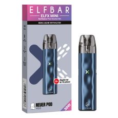 Elfbar E-Zigarette Elfx Mini Ocean. Dunkelblaues Gerät in Pen-Optik mit grau-lila Verpackung.