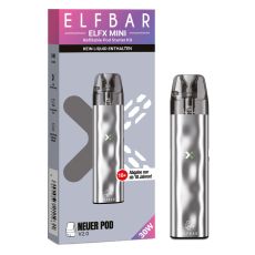 Elfbar E-Zigarette Elfx Mini Silver. Silbernes Gerät in Pen-Optik mit grau-lila Verpackung.