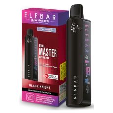 E-Zigarette Elfa Elfa Master Black Knight. Schwarzes Gerät in Pen-Optik mit Display und rot-lila Verpackung.