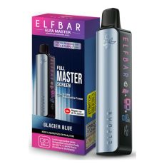 E-Zigarette Elfa Elfa Master Glacier Blue. Blaues Gerät in Pen-Optik mit Display und rot-lila Verpackung