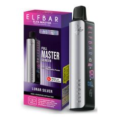 E-Zigarette Elfa Elfa Master Lunar Silver. Silbernes Gerät in Pen-Optik mit Display und rot-lila Verpackung.
