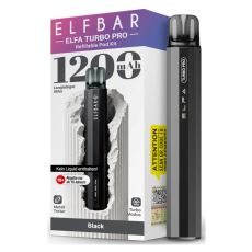 Elfbar E-Zigarette Elfa Turbo Pro Black. Schwarzes Gerät in Pen-Optik mit grau-lila Verpackung.