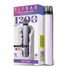 Elfbar E-Zigarette Elfa Turbo Pro Light Purple. Blasslila Gerät in Pen-Optik mit grau-lila Verpackung.