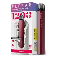 Elfbar E-Zigarette Elfa Turbo Pro Maroon. Rot-braunes Gerät in Pen-Optik mit grau-lila Verpackung.