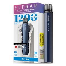Elfbar E-Zigarette Elfa Turbo Pro Navy Blue. Dunkelblaues Gerät in Pen-Optik mit grau-lila Verpackung.
