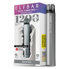 Elfbar E-Zigarette Elfa Turbo Pro Space Grey. Graues Gerät in Pen-Optik mit grau-lila Verpackung.