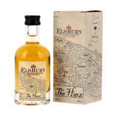 Elsburn The Harz Whisky Miniatur. Kleine Flasche mit beigem Etikett mit schwarze Elsburn The Harz Aufschrift mit beiger Geschenkverpackung.