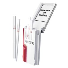 Packung Zigaretten Esse Super Slim Red. Weiß-rote offene Shell Packung mit schwarzer Esse Auschrift und Esse Rot Zigaretten.