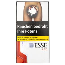 Packung Zigaretten Esse Super Slim Red. Weiß-rote Schachtel mit schwarzer Esse und roter Red Aufschrift.